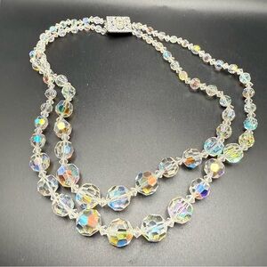 Vintage Aurora Borealis AB Crystal Double Strand Necklace 18”